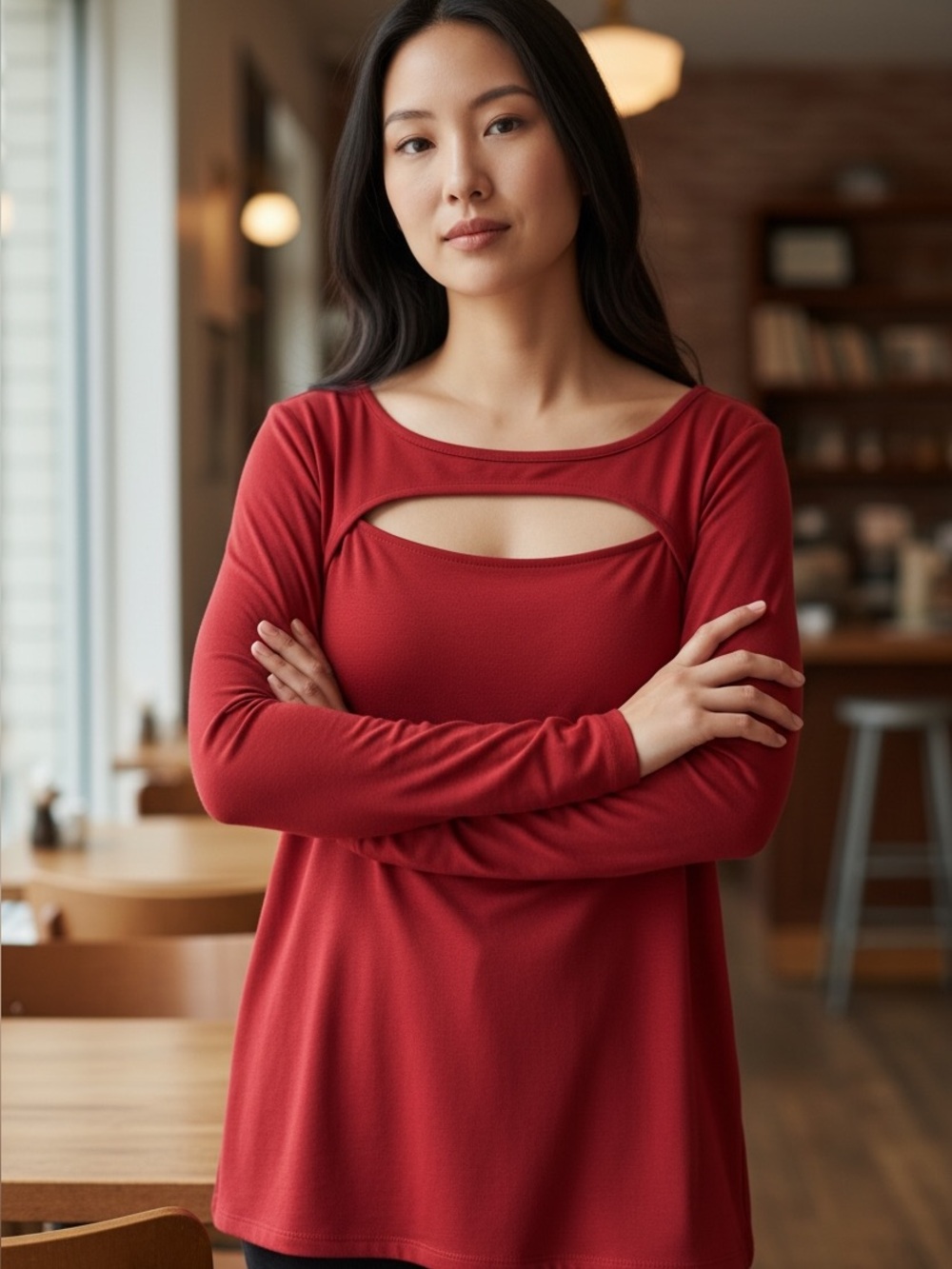 White House Black Market red peekaboo top with long sleeves. Size Medium